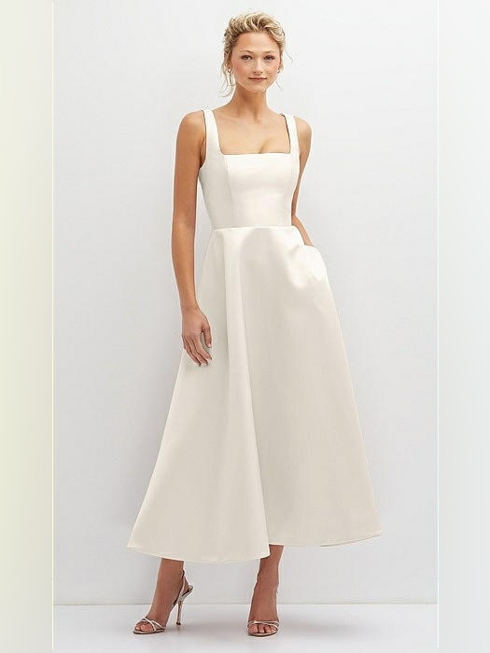 Dessy Collection SQUARE NECK SATIN MIDI DRESS WITH FULL SKIRT & POCKETS IVORY 8